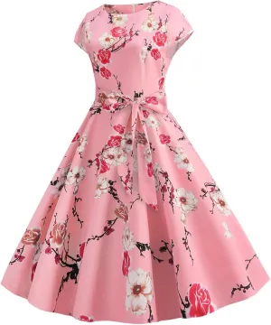 1950s Dresses for Women Vintage 2024 Graphic Cap Sleeve Swing A-Line Midi Dresses Rockabilly Garden Party Dress