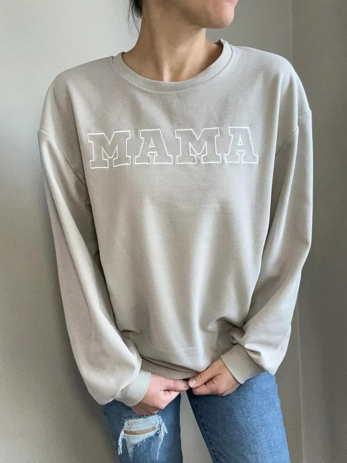 AEARGIV Women Waffle Knit Mama With Zippers Breastfeeding Sweatshirt Mama Embroidered Zip Nursing Pullover Tops