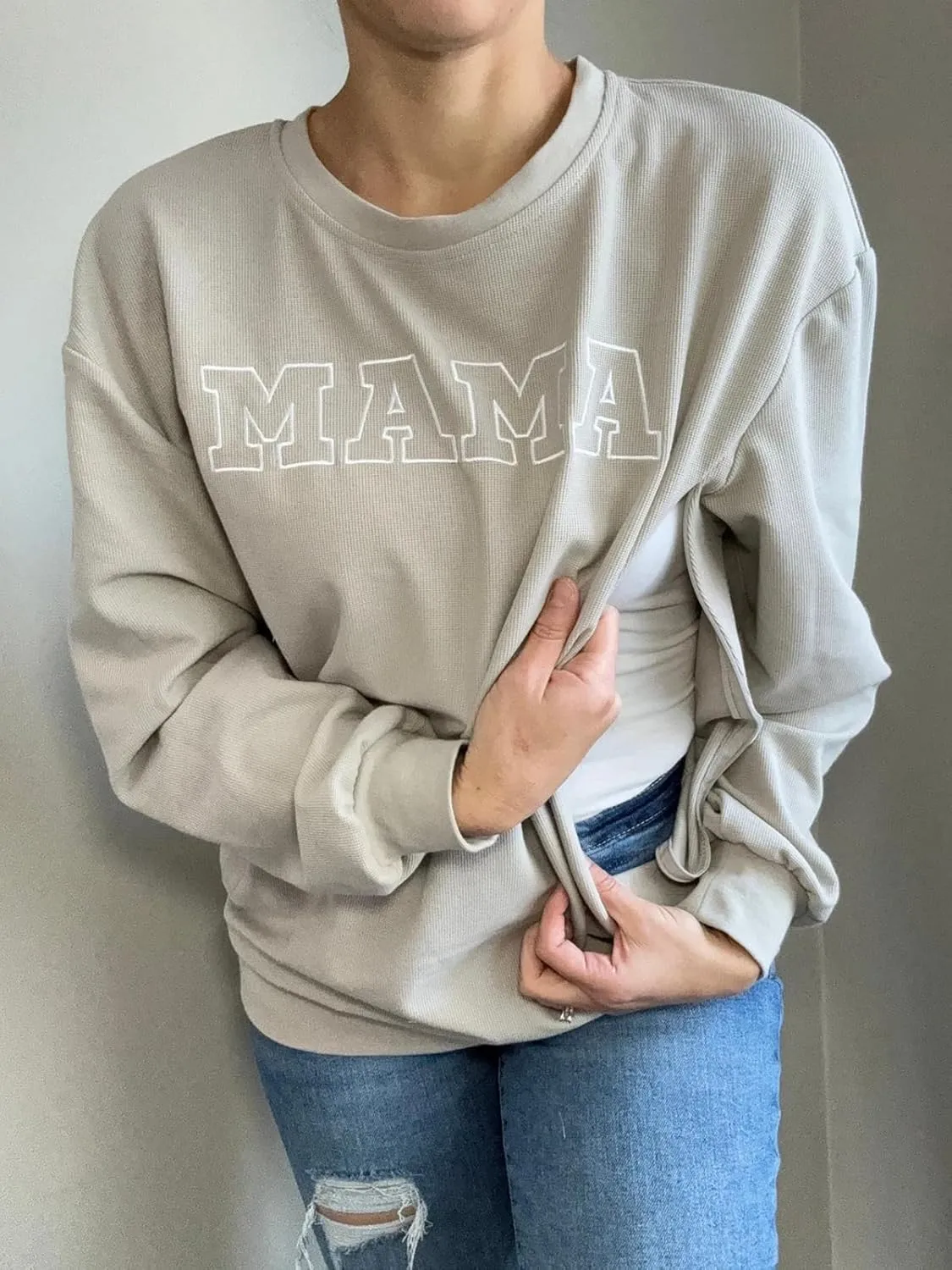 AEARGIV Women Waffle Knit Mama With Zippers Breastfeeding Sweatshirt Mama Embroidered Zip Nursing Pullover Tops