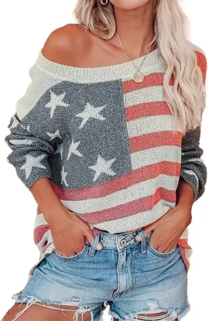 AirPlace American Flag Sweater for Women Off Shoulder Knit Sweatshirt Long Sleeve Pullovers Loose Winter Fall Fashion 2024
