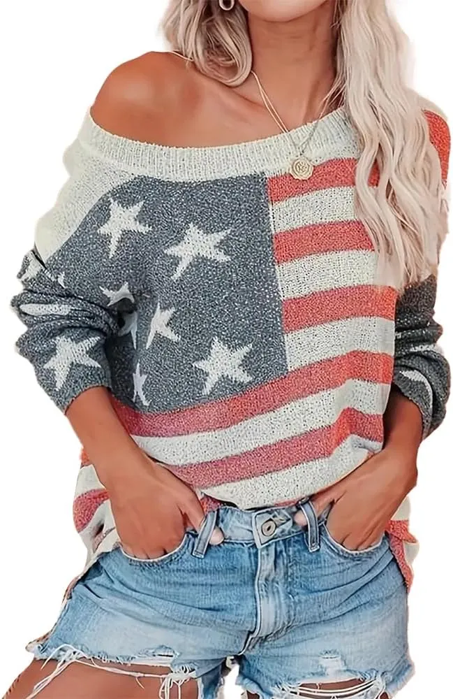 AirPlace American Flag Sweater for Women Off Shoulder Knit Sweatshirt Long Sleeve Pullovers Loose Winter Fall Fashion 2024