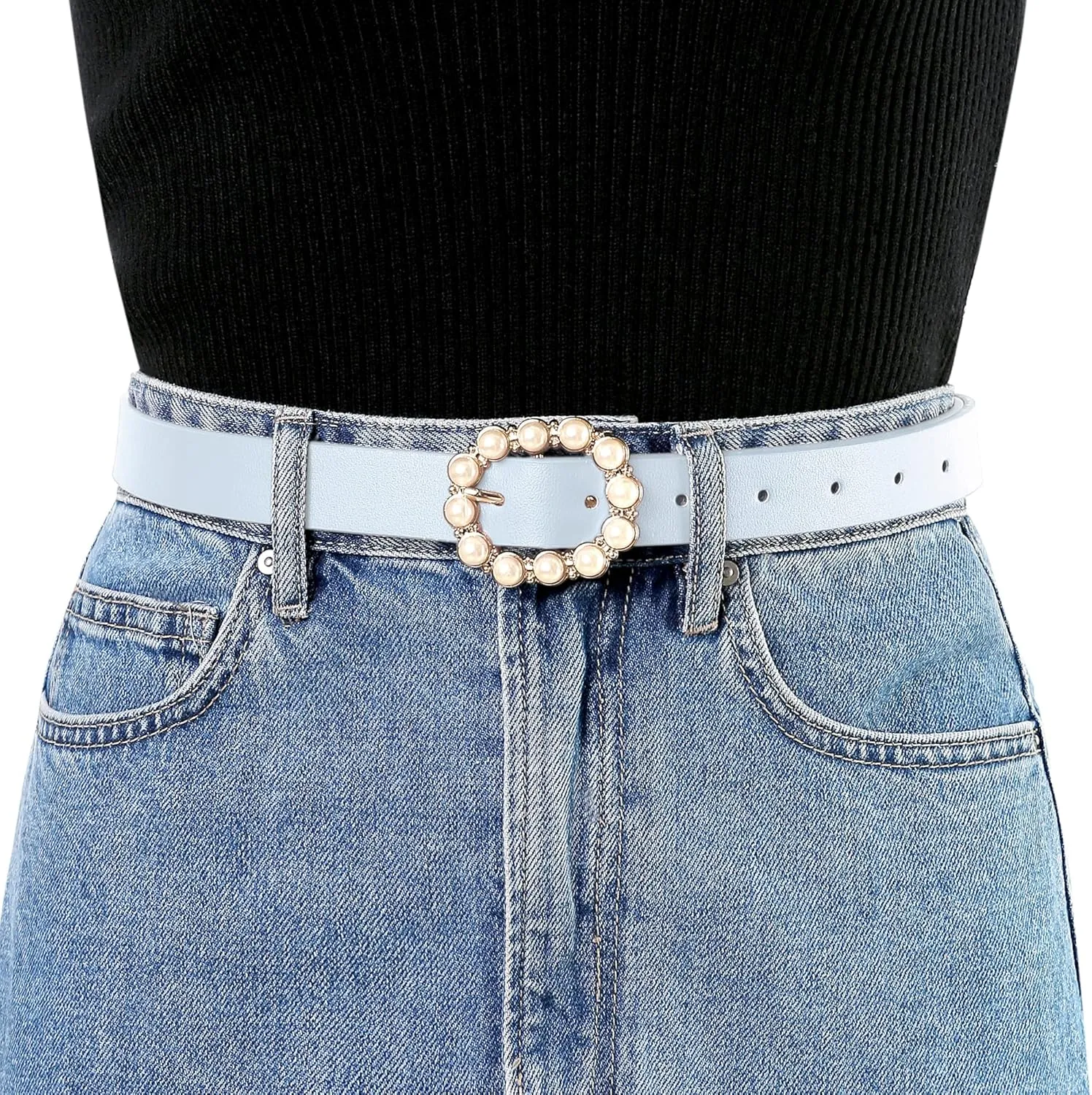 Allegra K Womens Pearl Waistband Skinny Leather Adjustable Pin Buckle Belt for Jeans Dresses Pants