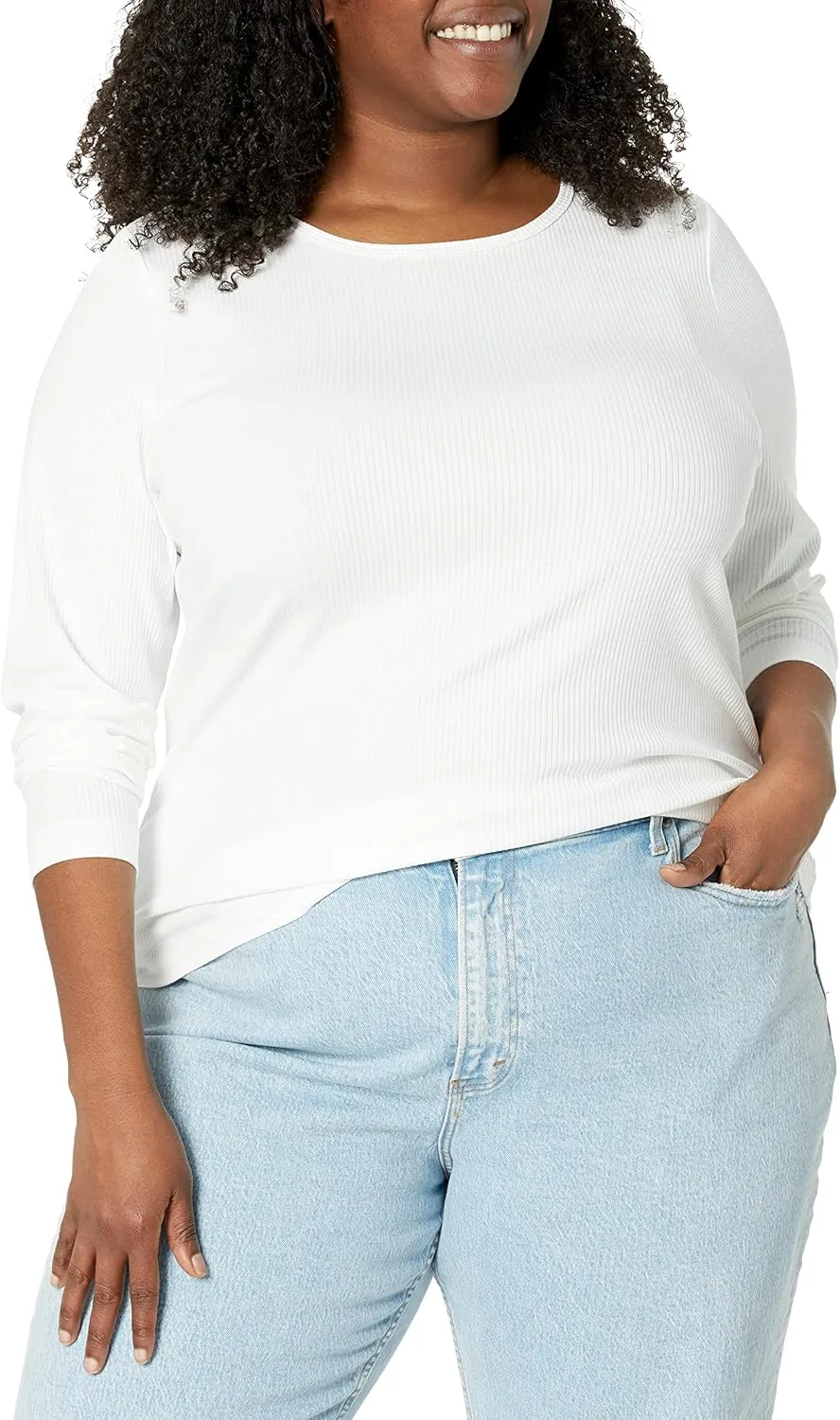 Amazon Essentials Women's Slim-Fit Long Sleeve Rib Knit Crew Neck Top (Available in Plus Size), Pack of 2
