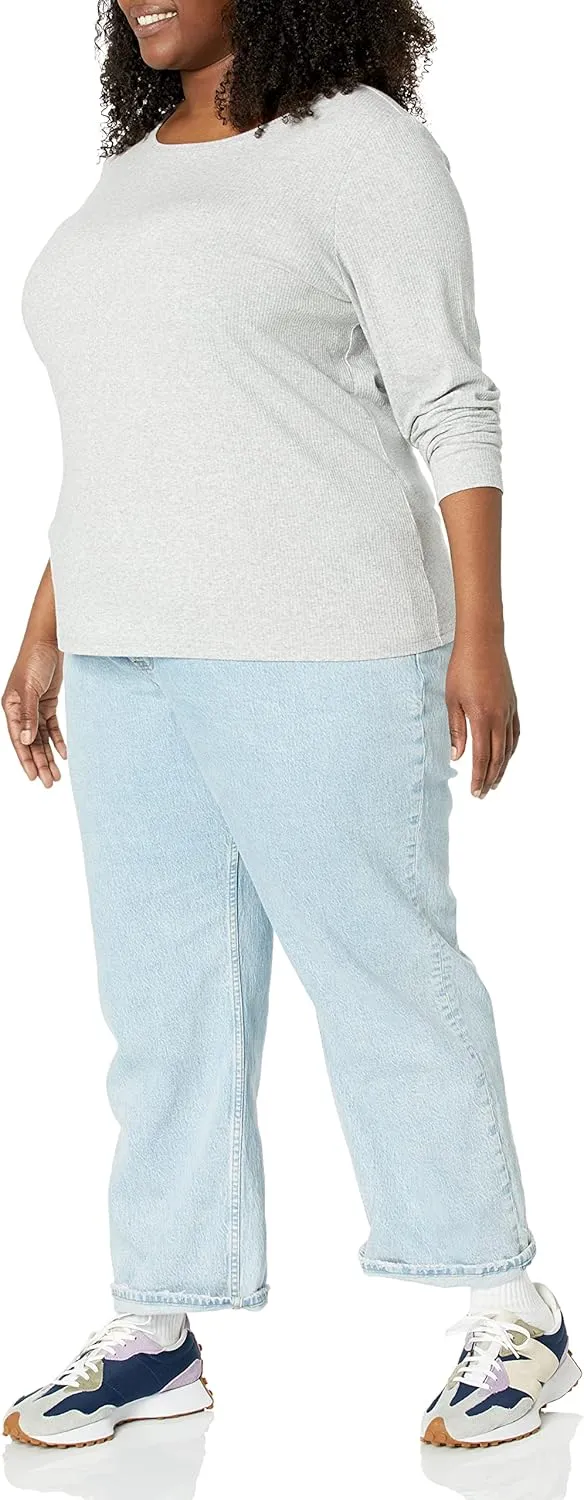 Amazon Essentials Women's Slim-Fit Long Sleeve Rib Knit Crew Neck Top (Available in Plus Size), Pack of 2
