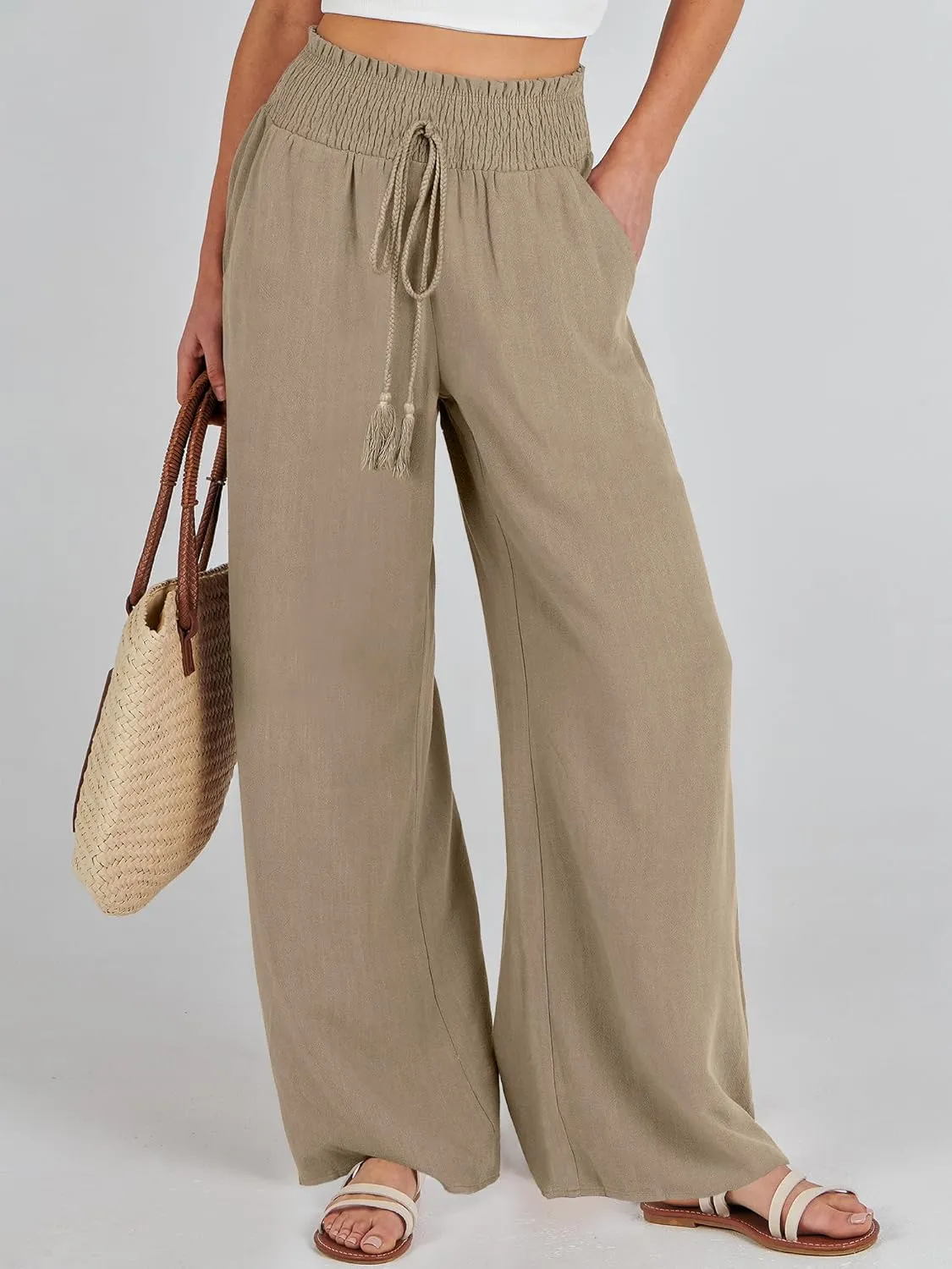 ANRABESS Women's Linen Pants Summer Casual Palazzo Beach Pant Drawstring High Waist Wide Leg Trousers Vacation Outfits