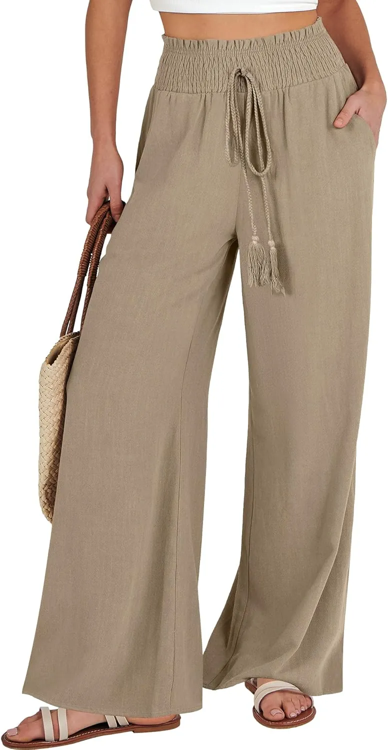 ANRABESS Women's Linen Pants Summer Casual Palazzo Beach Pant Drawstring High Waist Wide Leg Trousers Vacation Outfits