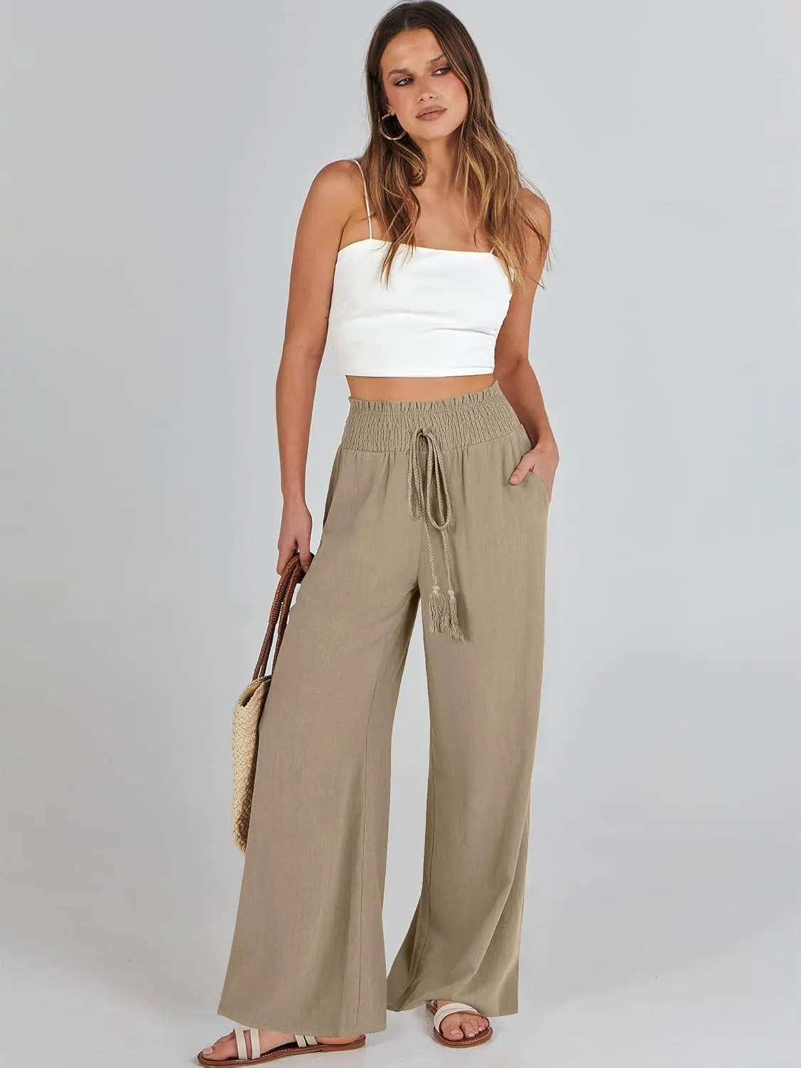 ANRABESS Women's Linen Pants Summer Casual Palazzo Beach Pant Drawstring High Waist Wide Leg Trousers Vacation Outfits