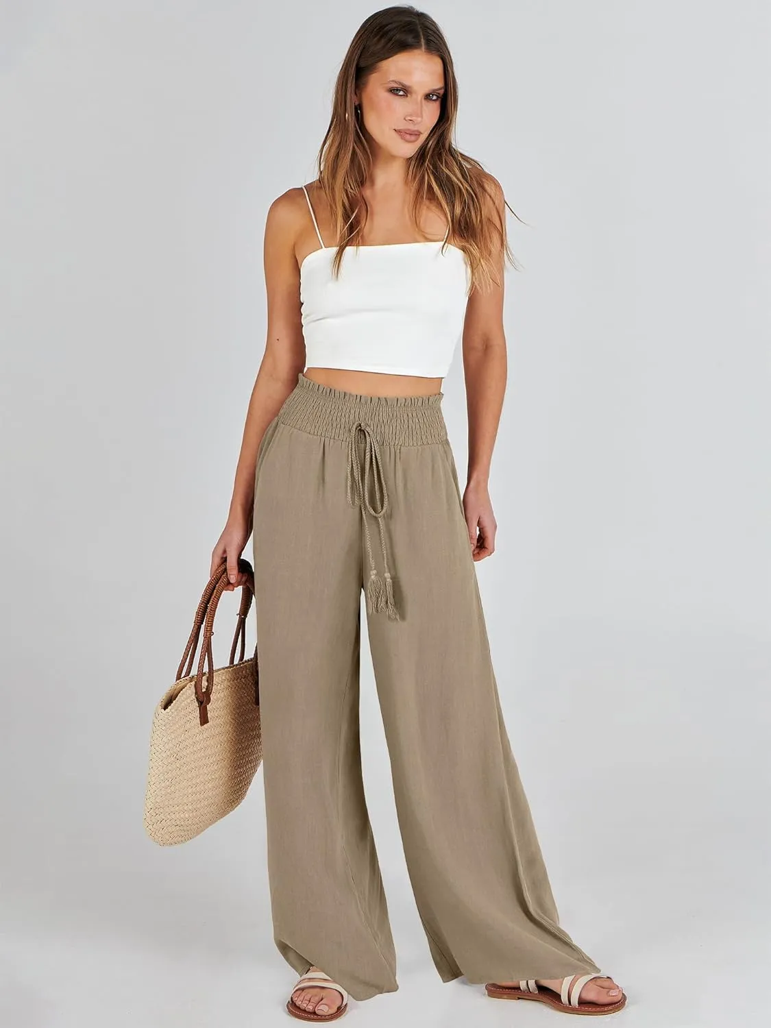 ANRABESS Women's Linen Pants Summer Casual Palazzo Beach Pant Drawstring High Waist Wide Leg Trousers Vacation Outfits