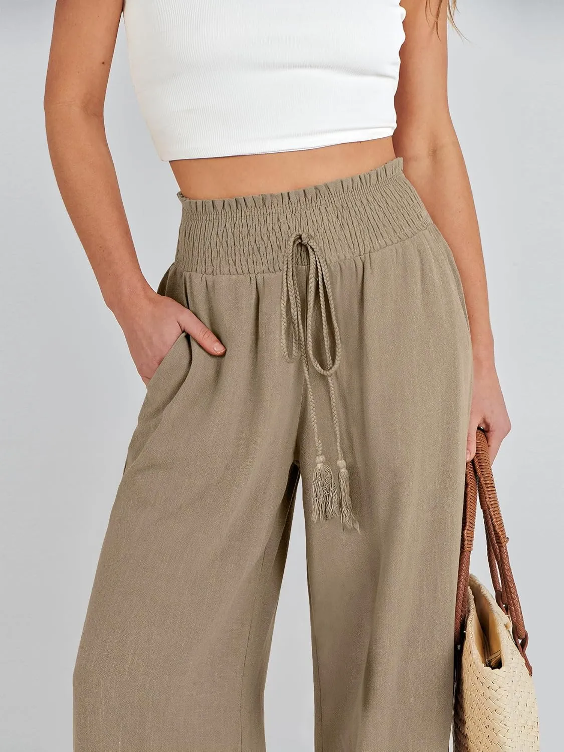 ANRABESS Women's Linen Pants Summer Casual Palazzo Beach Pant Drawstring High Waist Wide Leg Trousers Vacation Outfits