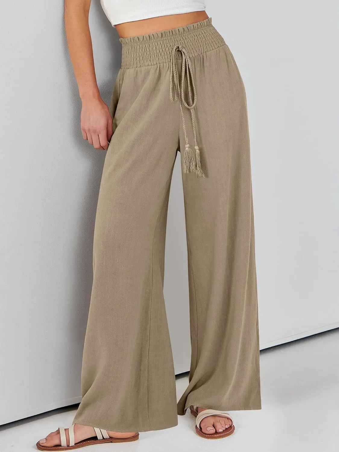 ANRABESS Women's Linen Pants Summer Casual Palazzo Beach Pant Drawstring High Waist Wide Leg Trousers Vacation Outfits
