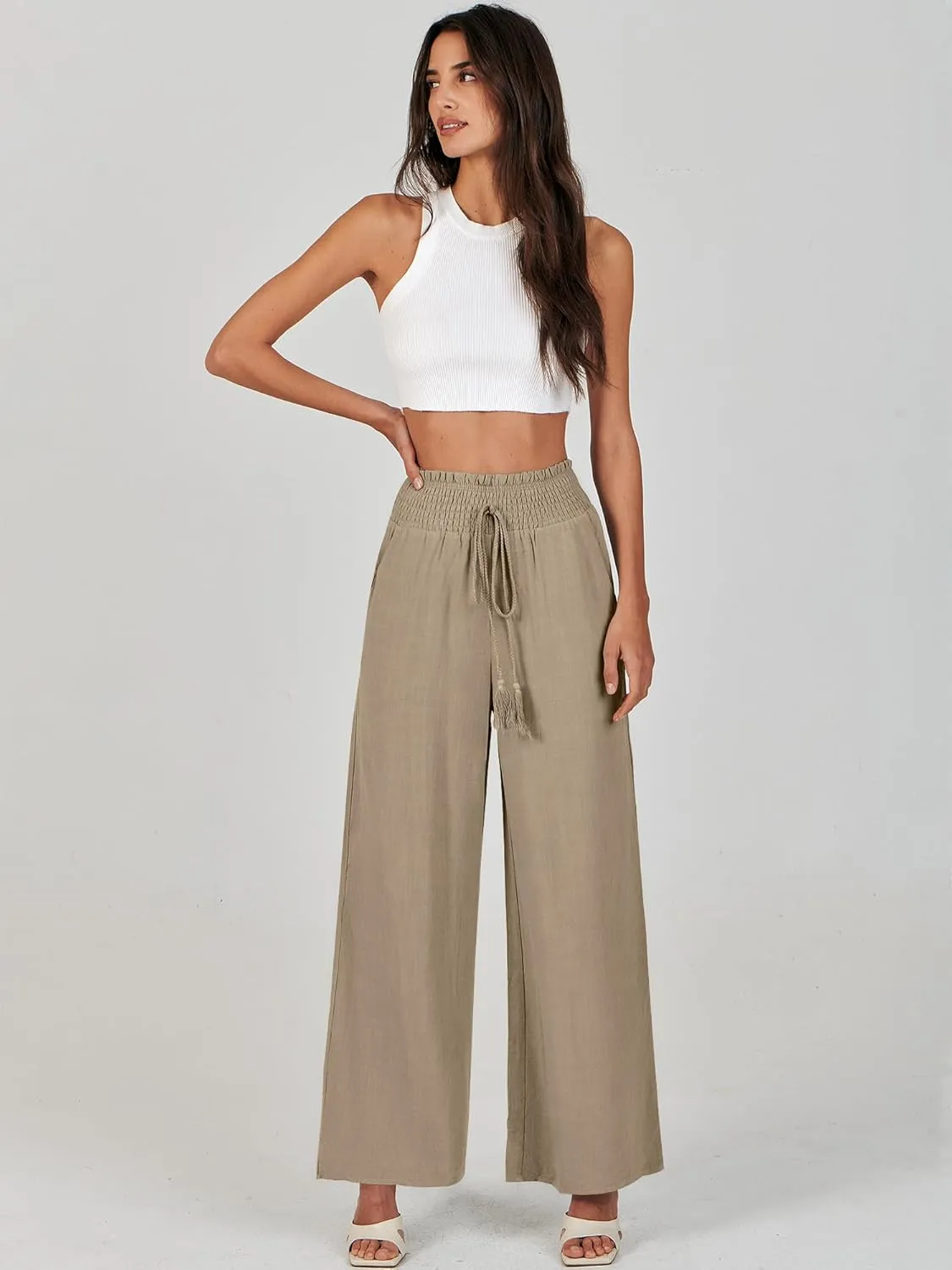 ANRABESS Women's Linen Pants Summer Casual Palazzo Beach Pant Drawstring High Waist Wide Leg Trousers Vacation Outfits