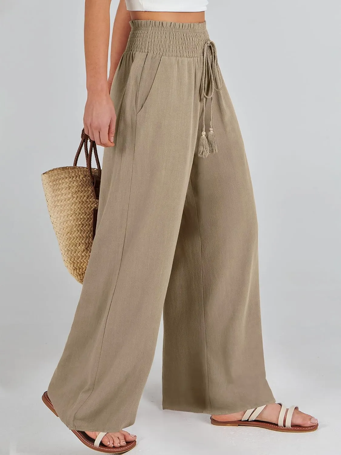 ANRABESS Women's Linen Pants Summer Casual Palazzo Beach Pant Drawstring High Waist Wide Leg Trousers Vacation Outfits