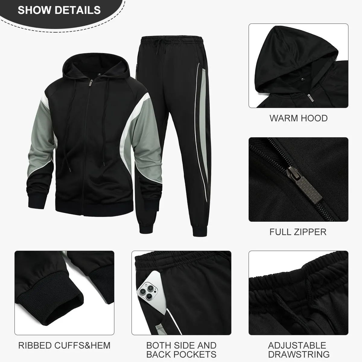 AOTORR Men's Hooded Athletic Tracksuit Sweatsuit Long Sleeve Full-Zip Jogging Sweatpants 2 Piece Patchwork Sportsuits