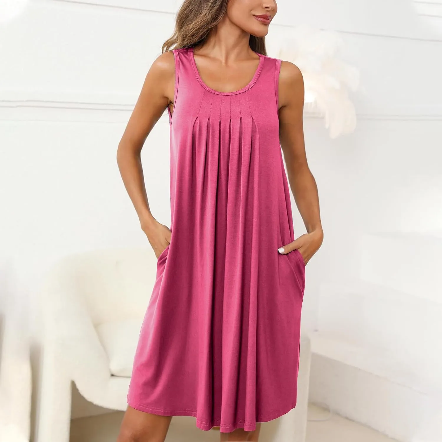 Aymnlox Women's Summer Sleeveless Sexy Wrap Crewneck Dresses Fashion Solid Ruched Maxi Dress Vacation Swim Cover up Dress