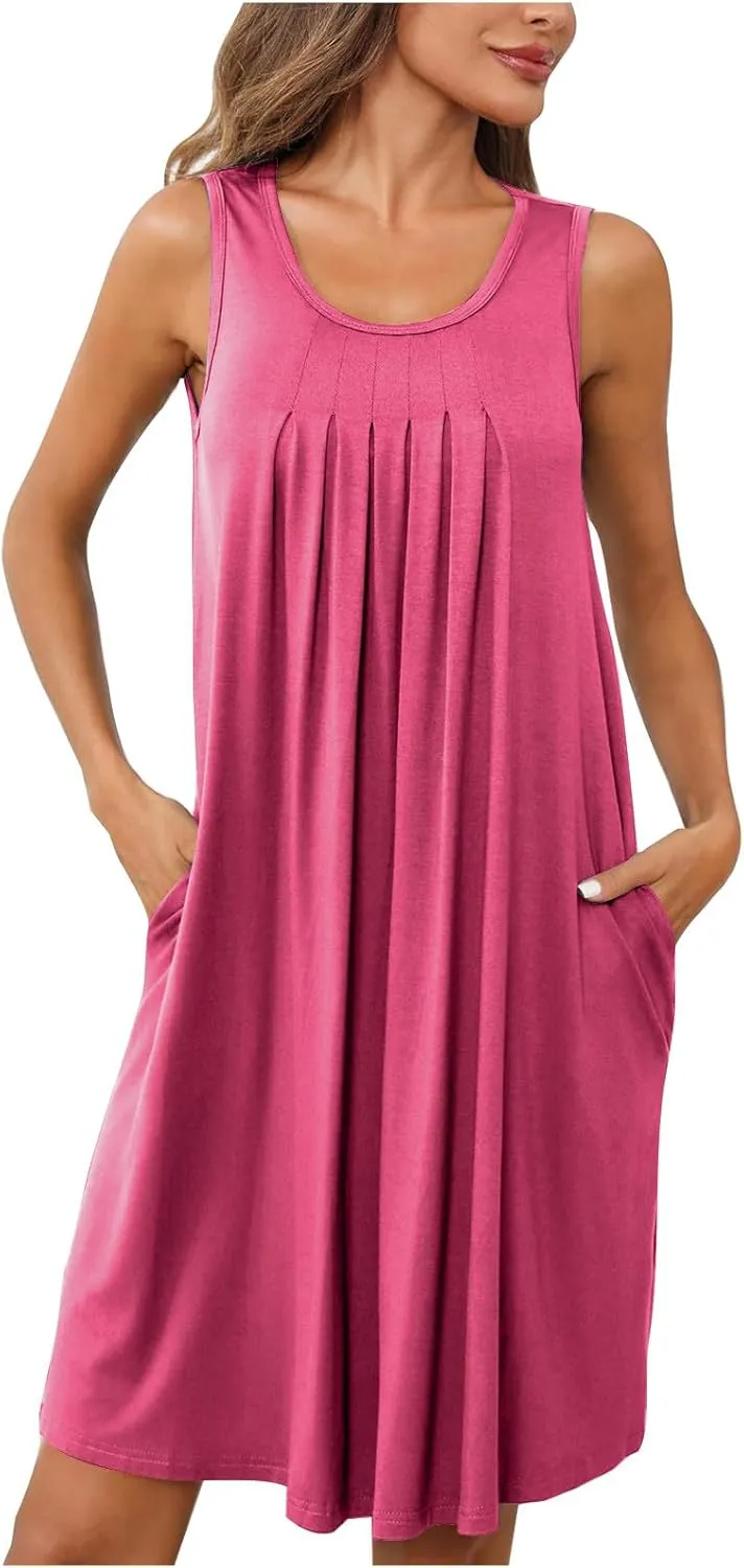 Aymnlox Women's Summer Sleeveless Sexy Wrap Crewneck Dresses Fashion Solid Ruched Maxi Dress Vacation Swim Cover up Dress