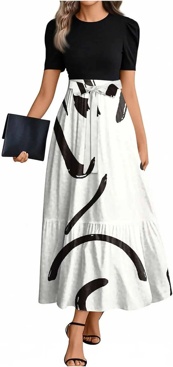 Beach Spring Dresses, 2025 Floral Print Maxi Womens Jumpsuit Boho Bow Crew Neck Rompers for Women
