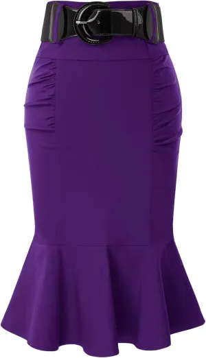 Belle Poque Womens High Waisted Peplum Midi Pencil Skirt Work Business Skirts with Belt