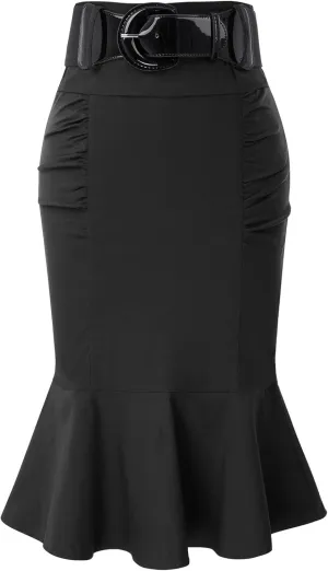 Belle Poque Womens High Waisted Peplum Midi Pencil Skirt Work Business Skirts with Belt