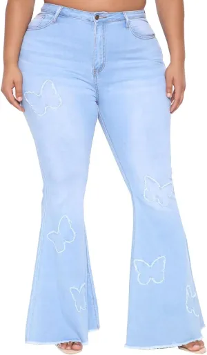 BessCops Plus Size Bell Bottom Jeans for Women Elastic High Waisted Classic Flared Denim Pants