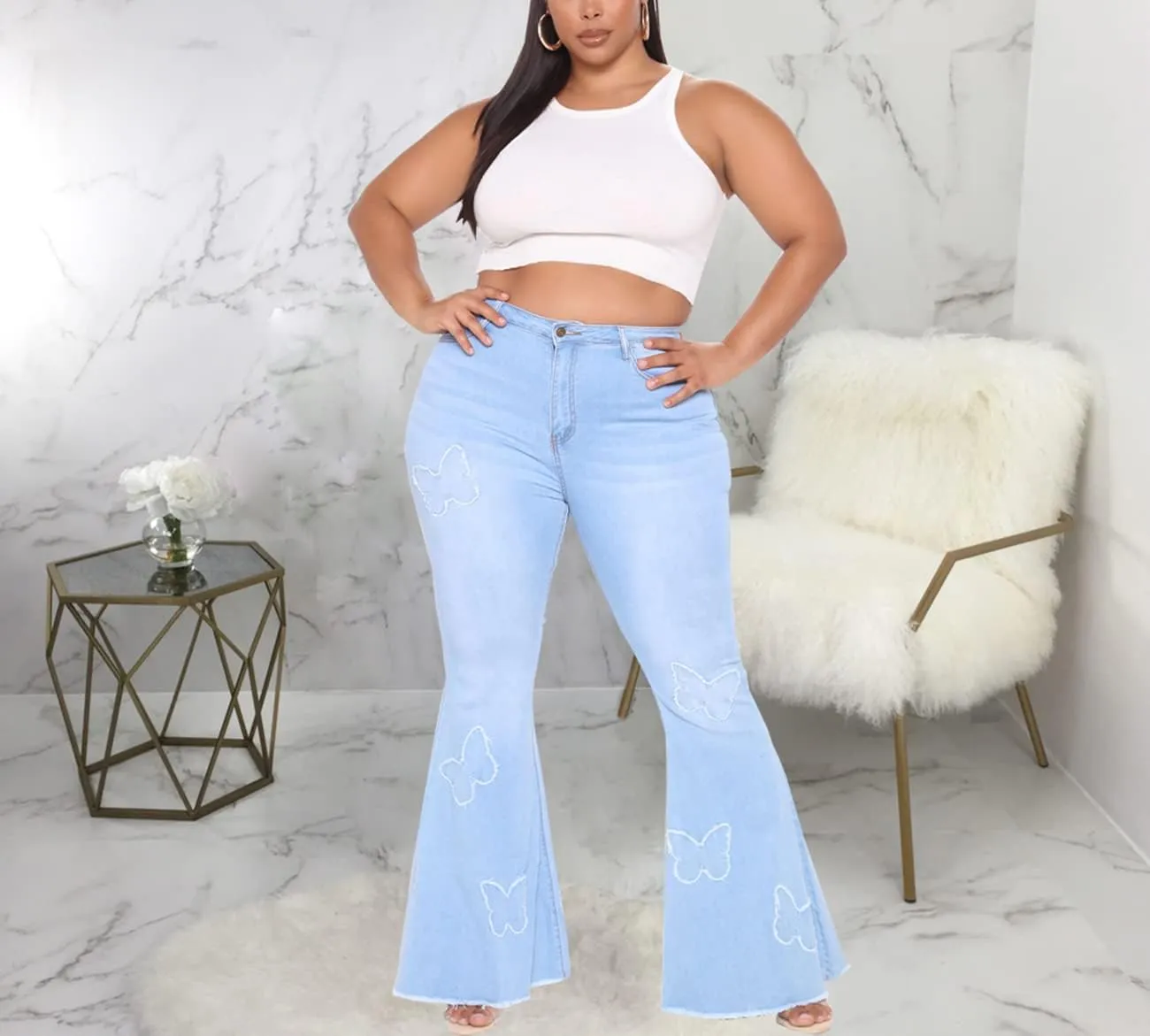 BessCops Plus Size Bell Bottom Jeans for Women Elastic High Waisted Classic Flared Denim Pants