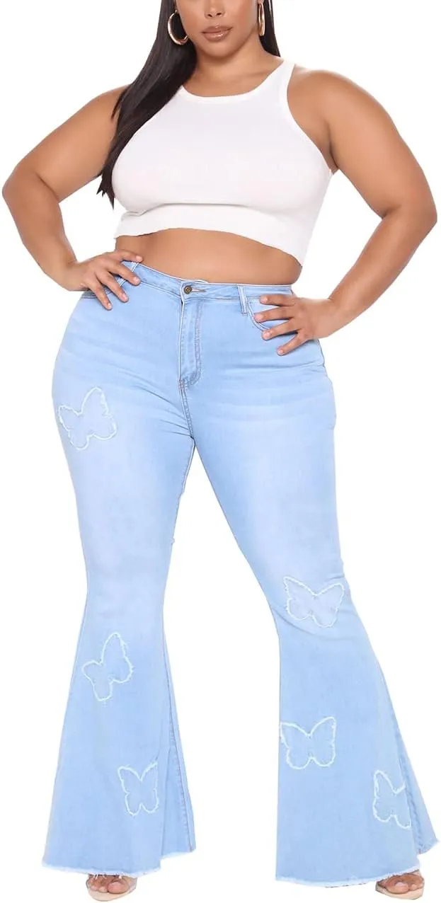 BessCops Plus Size Bell Bottom Jeans for Women Elastic High Waisted Classic Flared Denim Pants