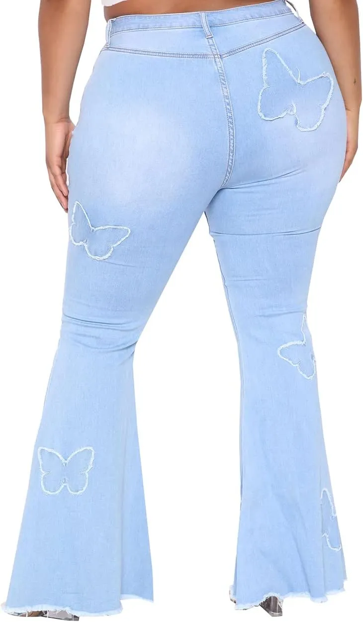 BessCops Plus Size Bell Bottom Jeans for Women Elastic High Waisted Classic Flared Denim Pants