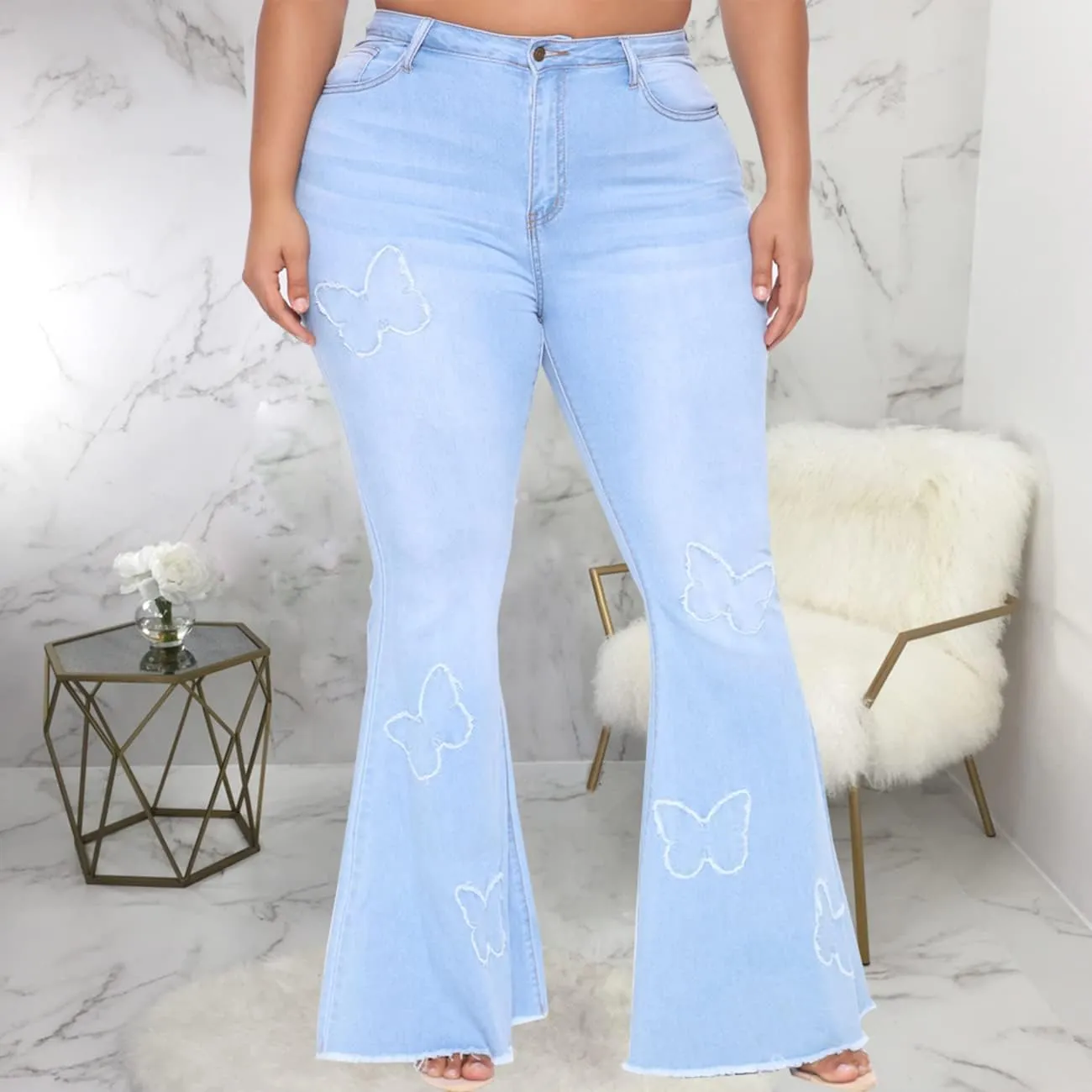 BessCops Plus Size Bell Bottom Jeans for Women Elastic High Waisted Classic Flared Denim Pants