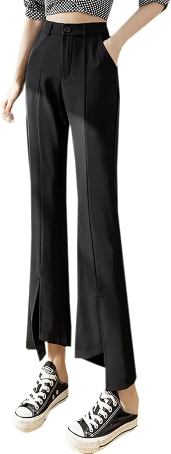 Betusline Women's Split Front High Waist Asymmetrical Hem Cropped Bootcut Pants