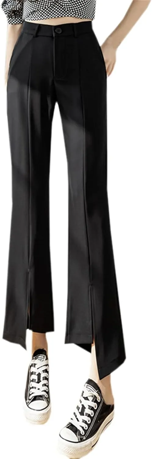 Betusline Women's Split Front High Waist Asymmetrical Hem Cropped Bootcut Pants