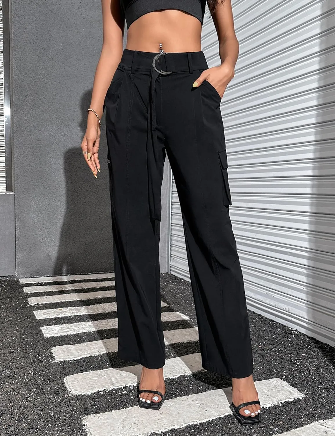 Blooming Jelly Womens High Waisted Baggy Cargo Pants Flap Pocket Y2K Pants Drawstring Relaxed Fit Pants 2023