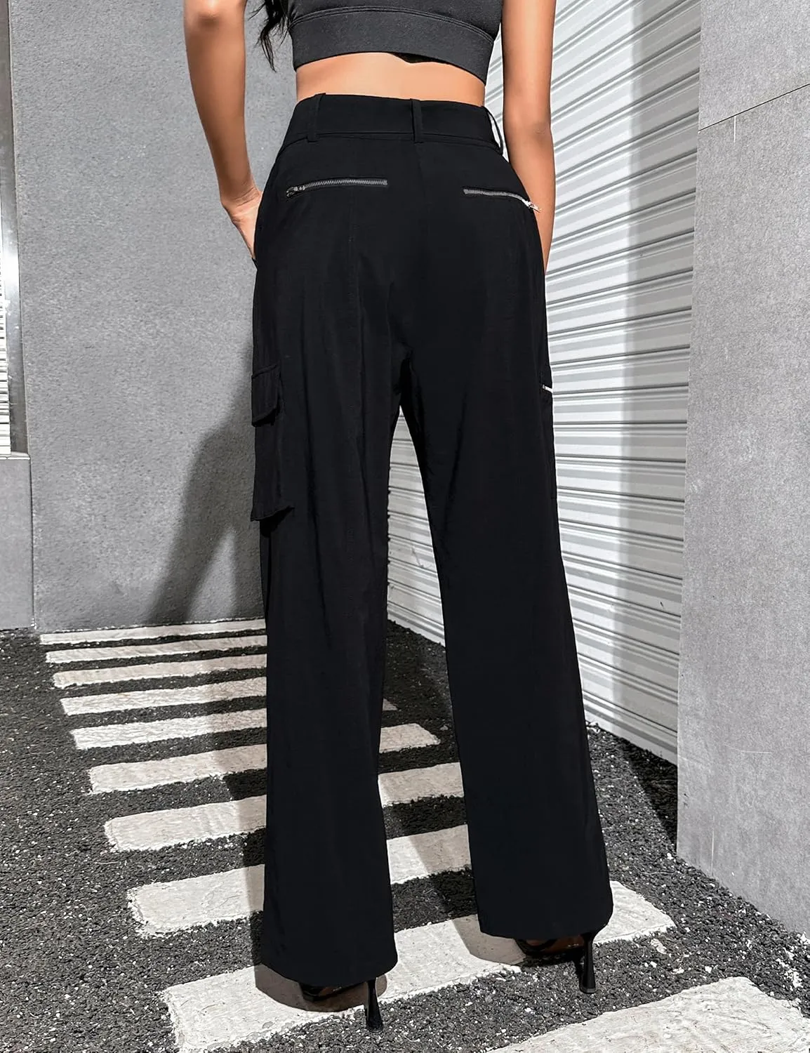 Blooming Jelly Womens High Waisted Baggy Cargo Pants Flap Pocket Y2K Pants Drawstring Relaxed Fit Pants 2023