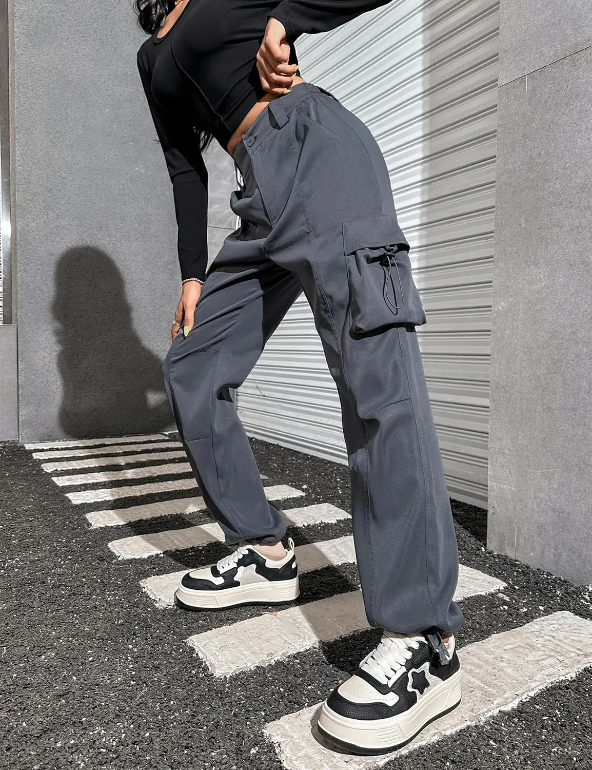 Blooming Jelly Womens High Waisted Baggy Cargo Pants Flap Pocket Y2K Pants Drawstring Relaxed Fit Pants 2023