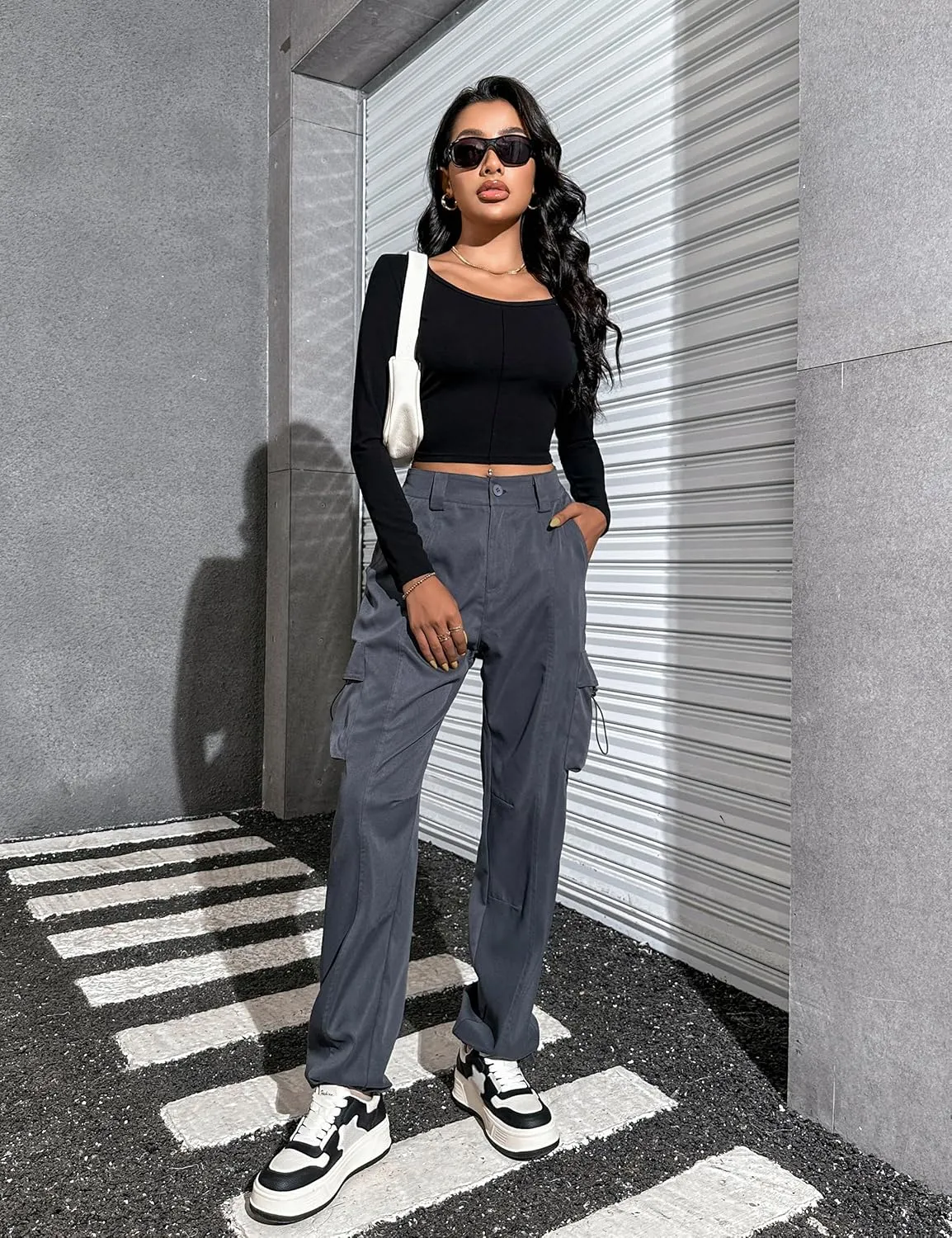 Blooming Jelly Womens High Waisted Baggy Cargo Pants Flap Pocket Y2K Pants Drawstring Relaxed Fit Pants 2023