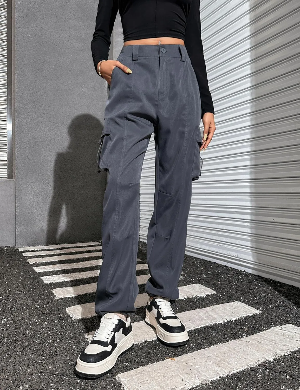 Blooming Jelly Womens High Waisted Baggy Cargo Pants Flap Pocket Y2K Pants Drawstring Relaxed Fit Pants 2023
