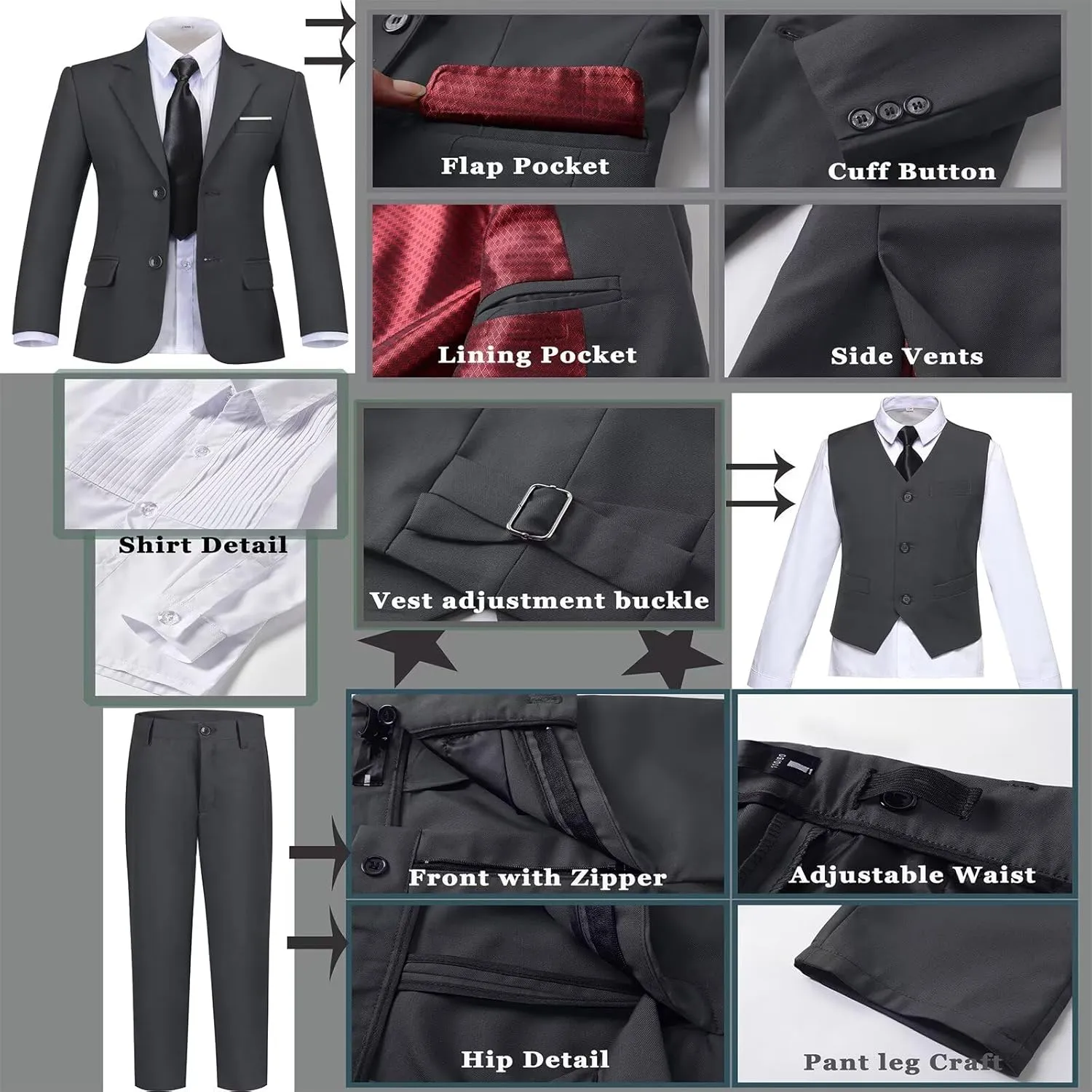 Boys Suit Set Slim Fit Kids Formal Suits Toddler Tuxedo Wedding Prom Classic Suits for Boy Teen Black Blue Dress Outfit