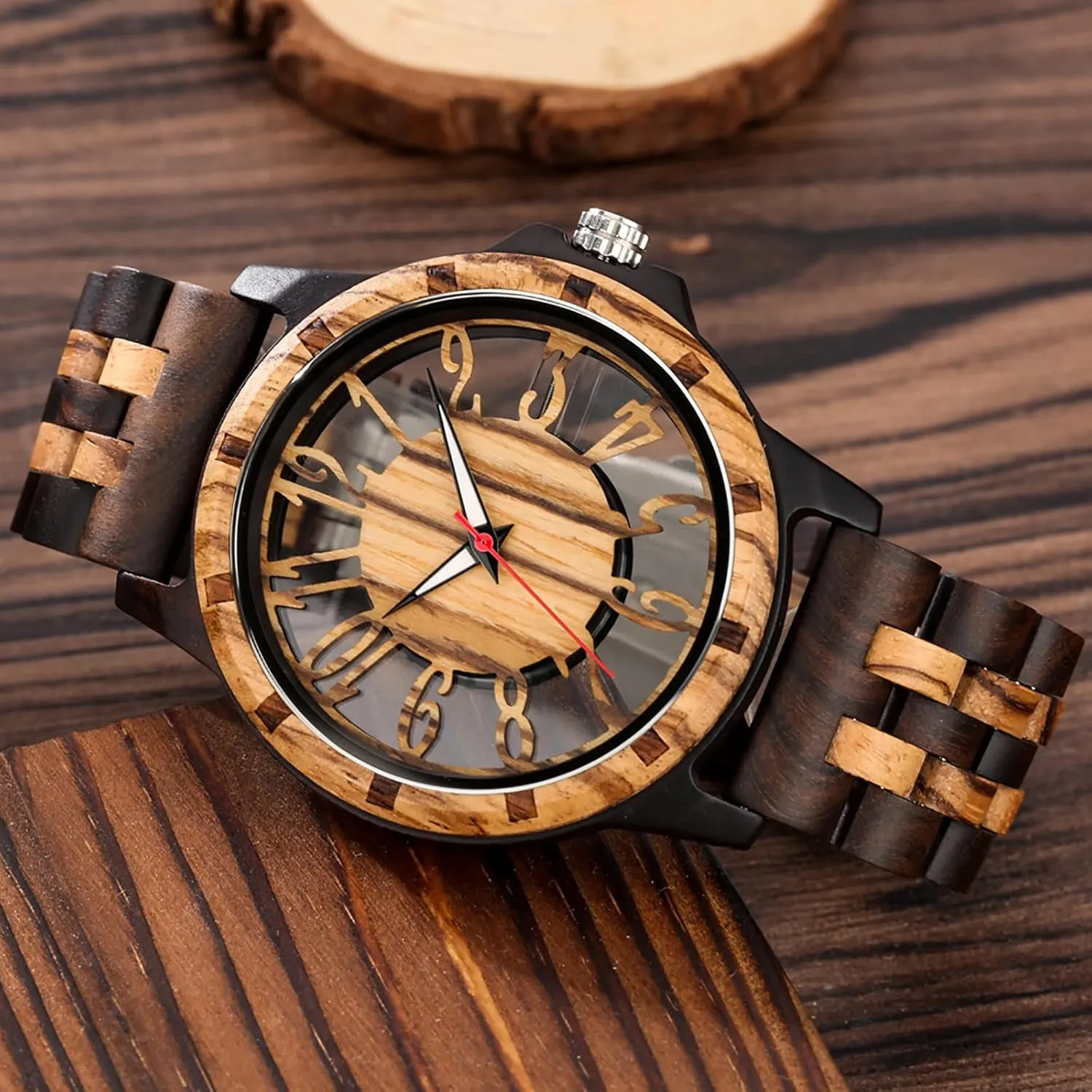 Brown Deep Black Ebony Zebra Wooden Quartz Men's Watch,Foldover Clasp Wood Strap Wooden Watches for Men
