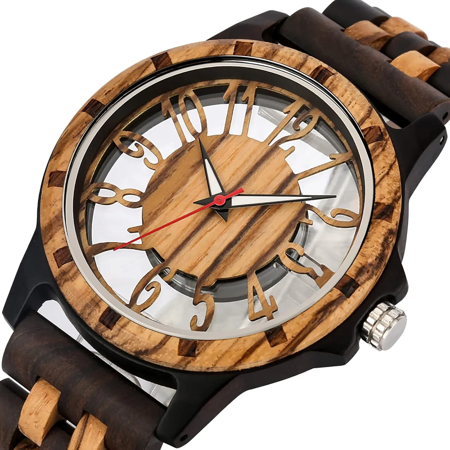 Brown Deep Black Ebony Zebra Wooden Quartz Men's Watch,Foldover Clasp Wood Strap Wooden Watches for Men