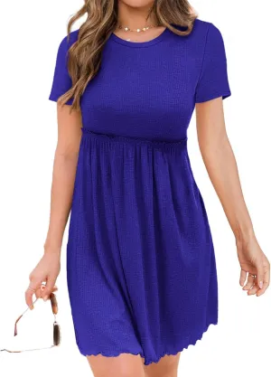 BTFBM Summer Dresses for Women 2025 Casual Spring Ribbed Knit Crewneck Short Sleeve Swing Vacation Beach Mini Dress