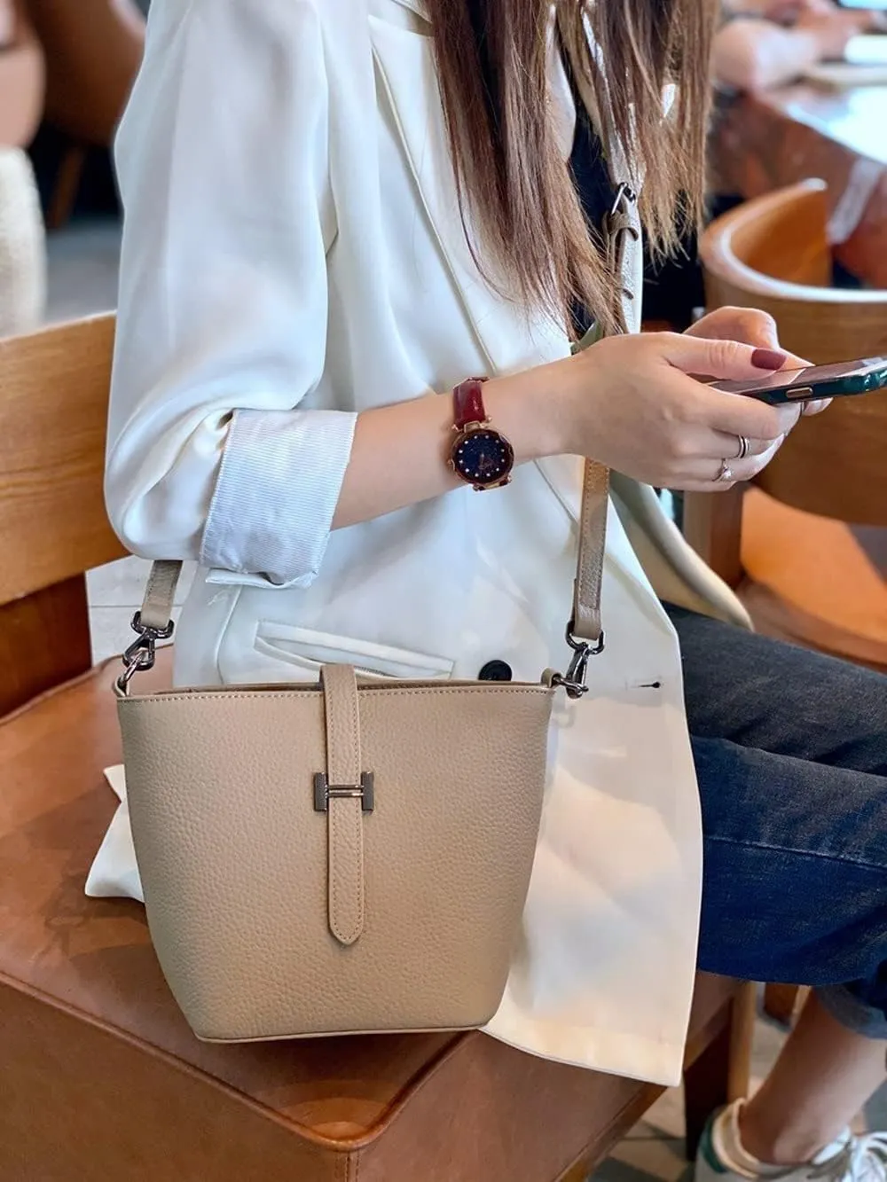 Bucket Bag Genuine Cow Leather Design Cross-body Bags Women's Fashion Handbags Unique Shoulder Bags