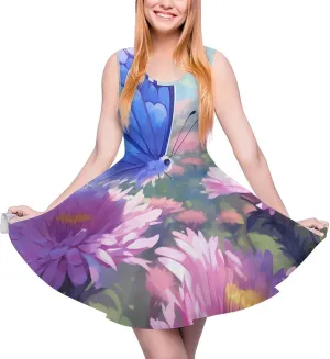 Butterfly Wildflowers Floral Women's Dress Round Neck Dress Sleeveless Tank Dress Ruffle Hem Mini Dresses M