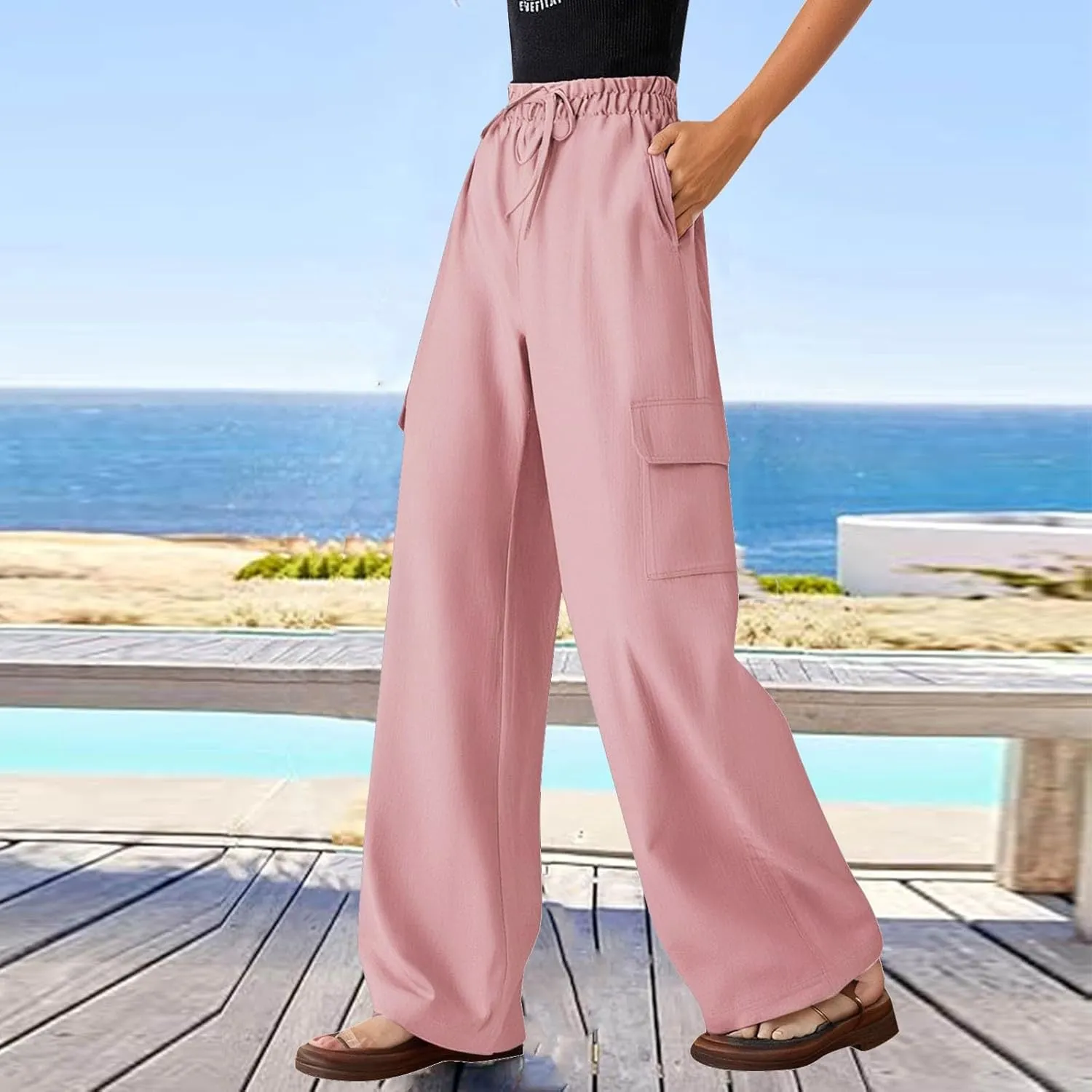 Casual Pants for Women Summer Wide Leg Pants with Pockets High Waist Loose Trousers Business Work Cargo Trousers