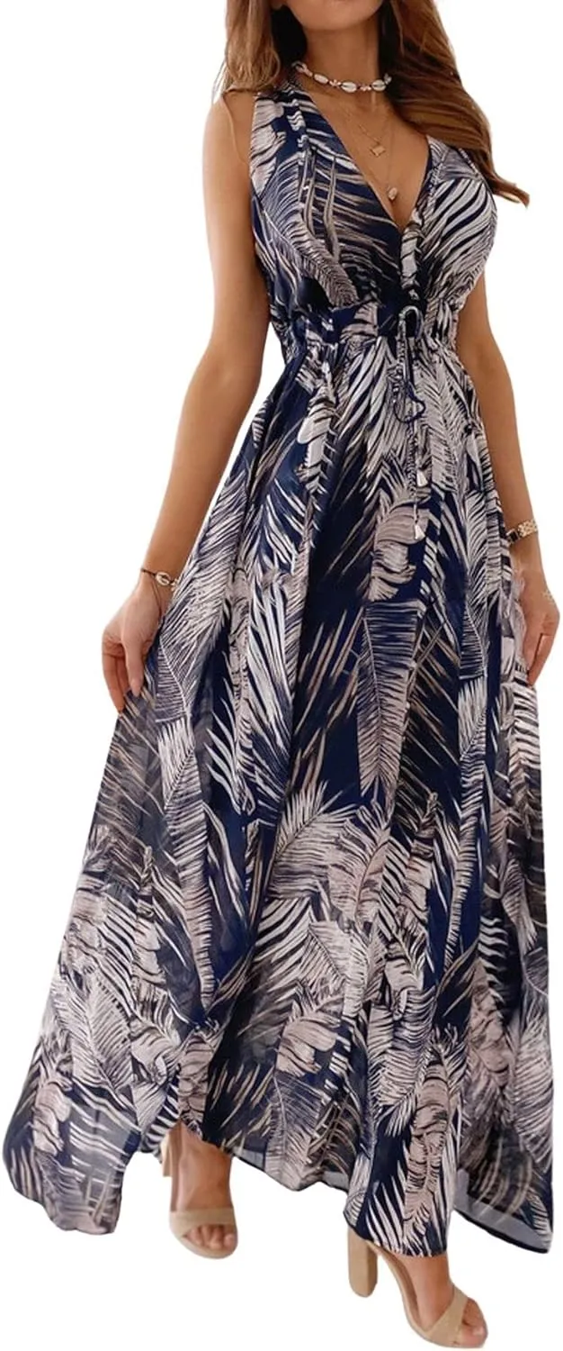 CHARTOU Women Boho Floral Maxi Dress Beach Long Flowy Dress Sleeveless Open Back Dress Hippie Sundress Summer
