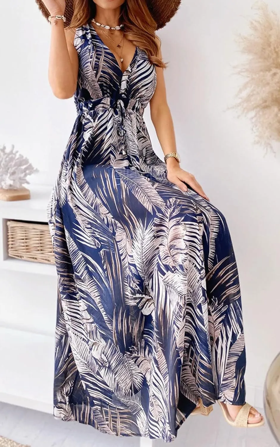 CHARTOU Women Boho Floral Maxi Dress Beach Long Flowy Dress Sleeveless Open Back Dress Hippie Sundress Summer