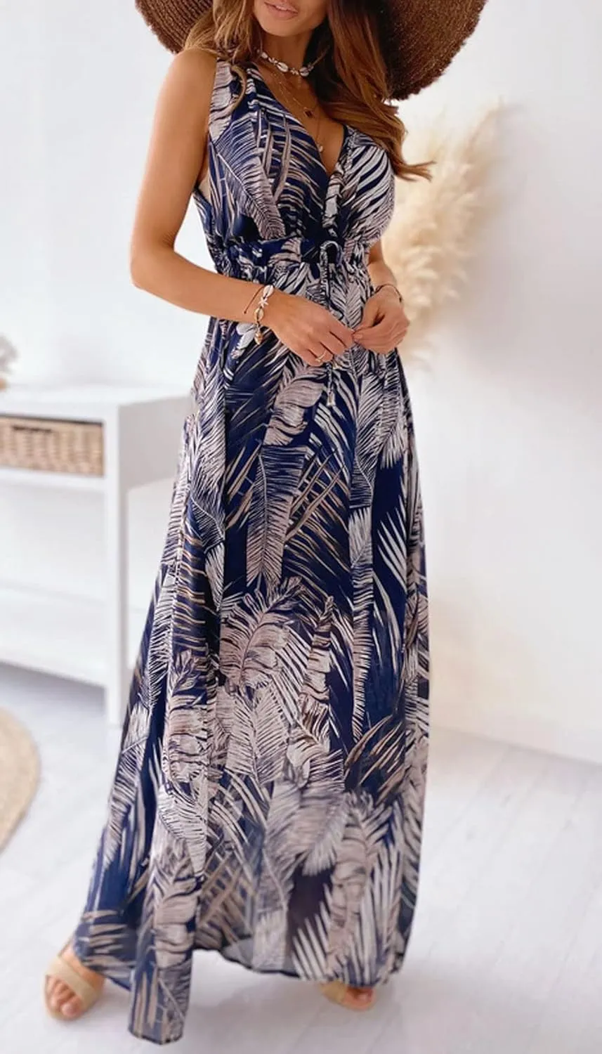 CHARTOU Women Boho Floral Maxi Dress Beach Long Flowy Dress Sleeveless Open Back Dress Hippie Sundress Summer