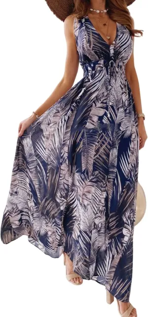 CHARTOU Women Boho Floral Maxi Dress Beach Long Flowy Dress Sleeveless Open Back Dress Hippie Sundress Summer