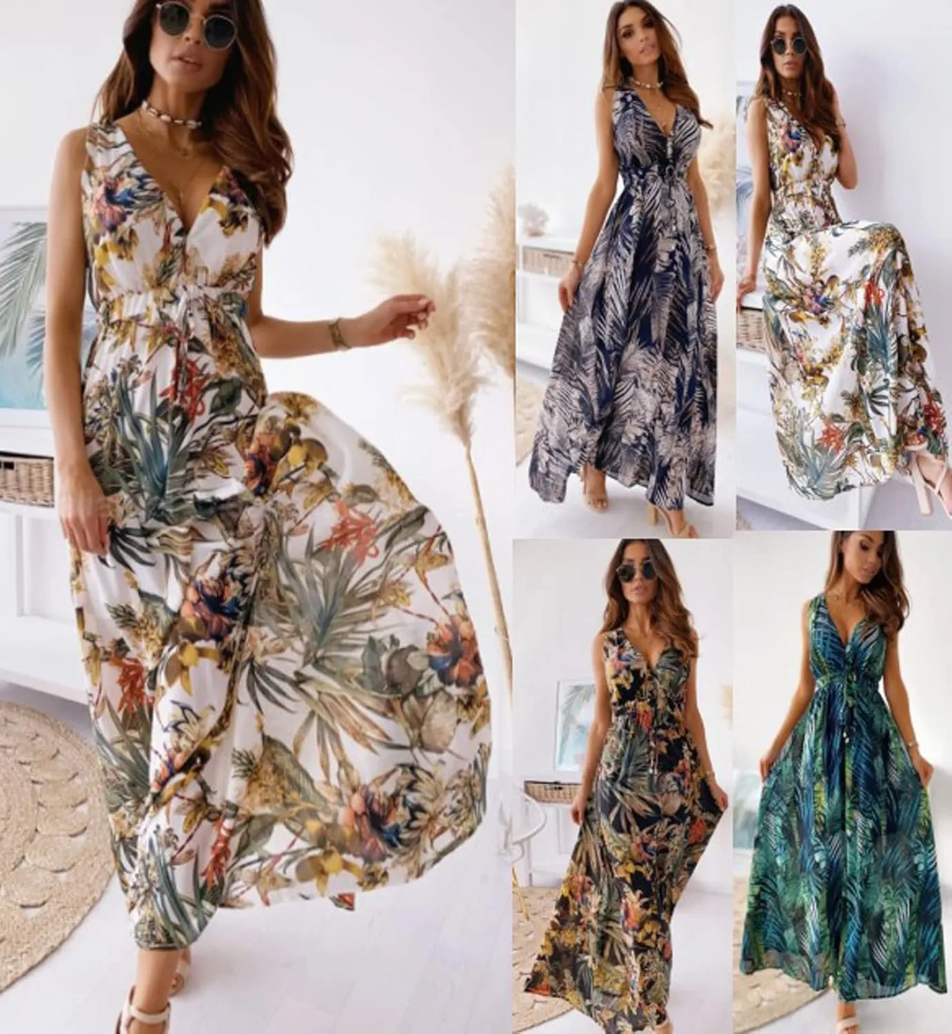 CHARTOU Women Boho Floral Maxi Dress Beach Long Flowy Dress Sleeveless Open Back Dress Hippie Sundress Summer