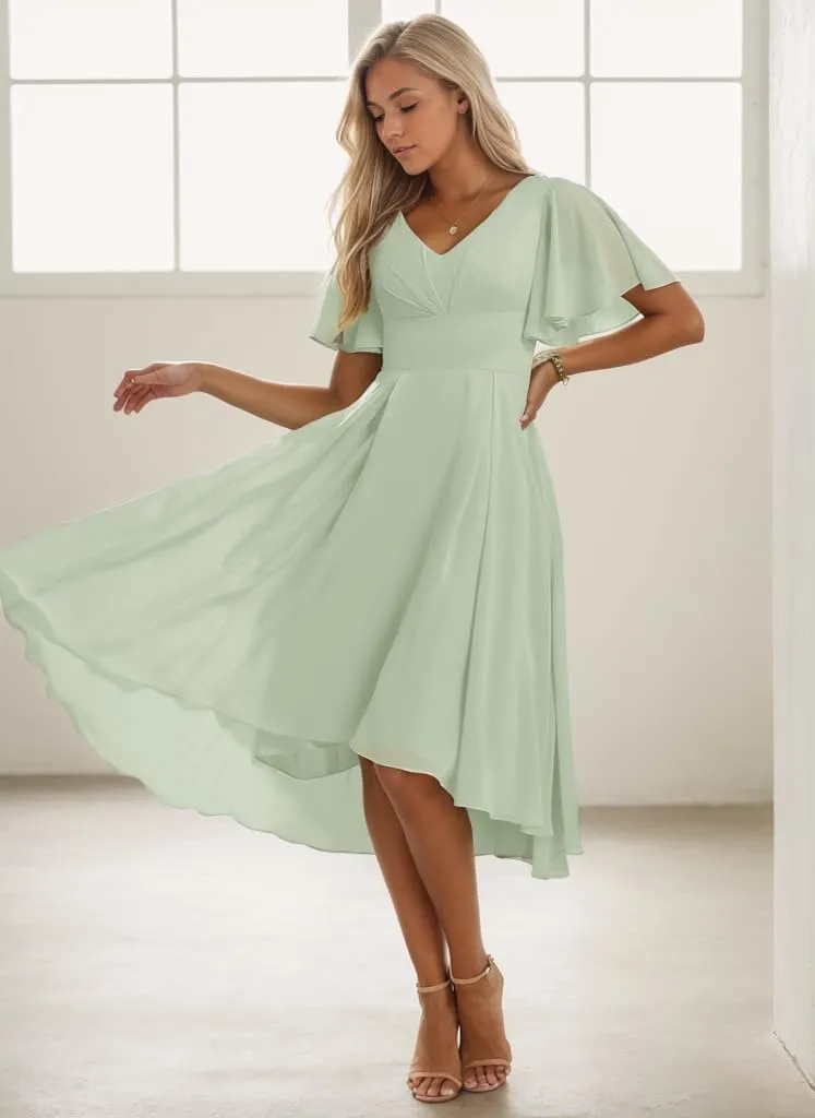 Chiffon Short Bridesmaid Dresses for Women High Low Formal Dress with Sleeves V Neck Evening Gown