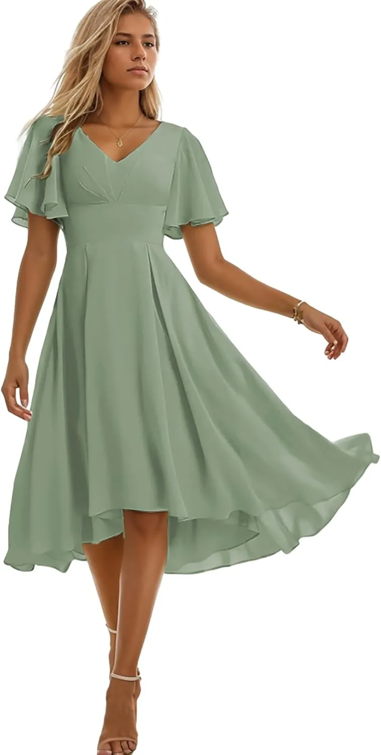 Chiffon Short Bridesmaid Dresses for Women High Low Formal Dress with Sleeves V Neck Evening Gown