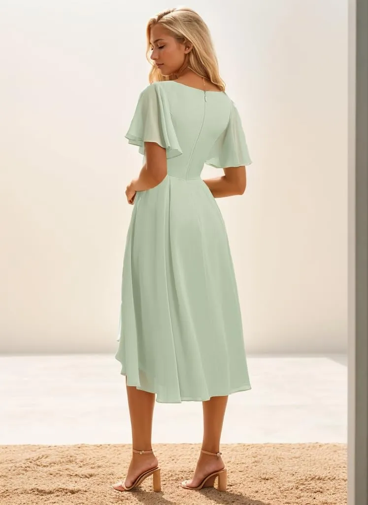Chiffon Short Bridesmaid Dresses for Women High Low Formal Dress with Sleeves V Neck Evening Gown
