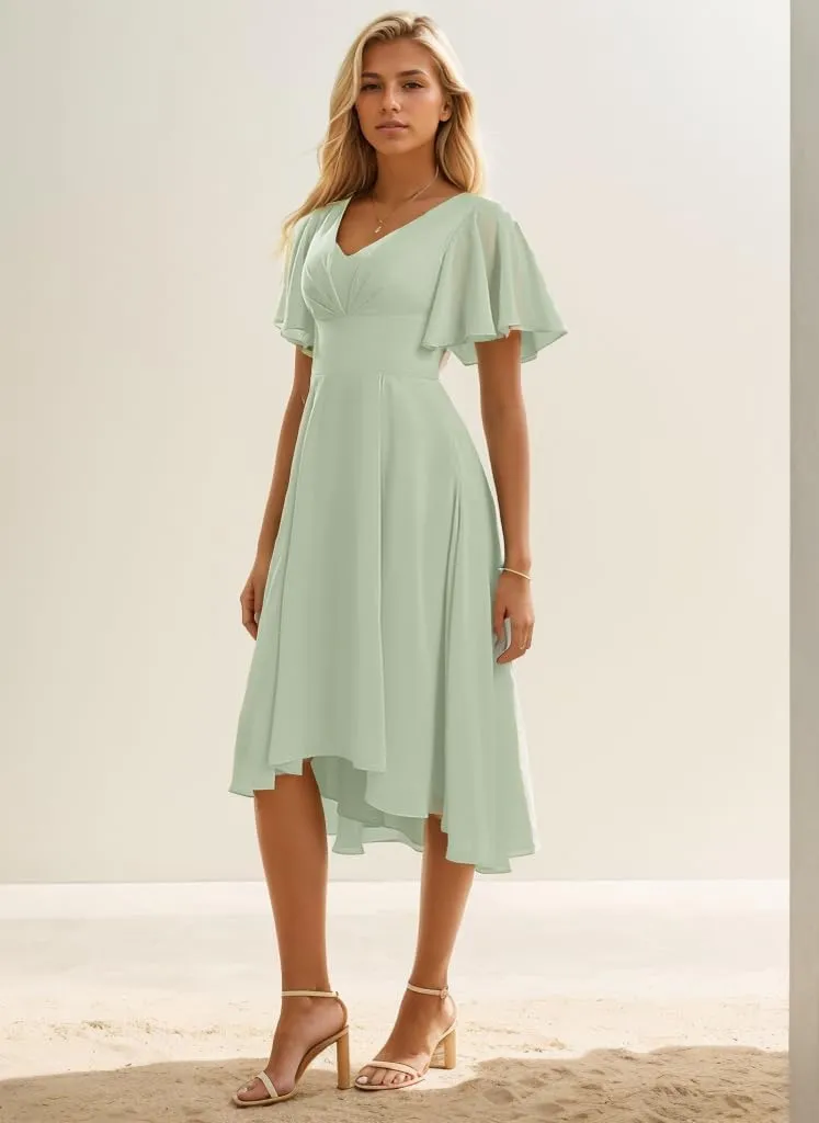 Chiffon Short Bridesmaid Dresses for Women High Low Formal Dress with Sleeves V Neck Evening Gown